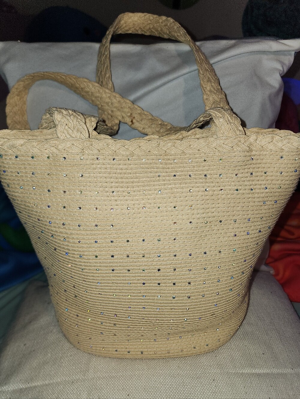 Capelli Beige Braided Weaved Rafia Tote Handbag with Rhinestone Accents